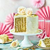 White chocolate, pistachio and rose stripe cake