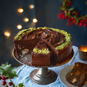Chocolate biscuit cake with brandied fruits