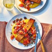 Baked salmon with puttanesca salsa