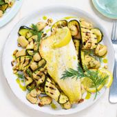 Sea bass with grilled courgette and butter bean salad
