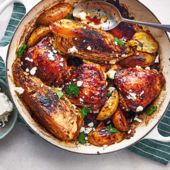 Sticky pomegranate chicken thighs and cabbage