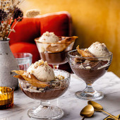 Chocolate delice with roasted pears and macadamia nuts