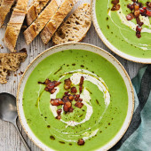 Marrowfat pea soup with crispy bacon and horseradish cream