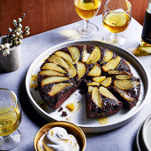 Chocolate and pear upside-down cake