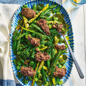 Basil-dressed spring vegetables with almond tapenade