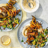 Crispy mushroom skewers with houmous