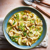 Shiitake, chicken and miso noodle soup