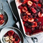 Baked blackberry and plum compote with amaretti and yogurt