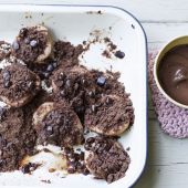 Double-choc crumble pears with chocolate custard