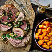 Roast shoulder of lamb with spinach stuffing