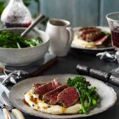 Three-pepper steaks with pommes mousseline 