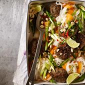 Massaman beef patties with noodles, lime and peanuts  