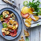 Tomato panzanella salad with deep-fried mozzarella
