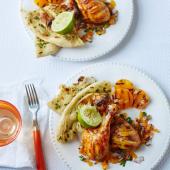Tandoori chicken drumsticks with salsa and griddled apricots