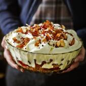 Raspberry and Amaretto trifle with salted caramelised almonds