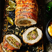 Roast turkey breast with apricot, gammon and pistachio stuffing 
