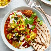 Lamb kofta curry with spinach and a fresh mango relish 