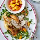 Summer roast chicken with watercress and spiced peaches