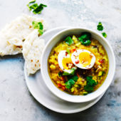 Golden vegetable dhal with soft-boiled eggs