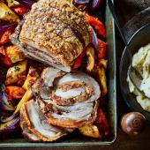 Chorizo-stuffed pork with roasted roots