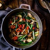 5-spice pork with water chestnuts and greens