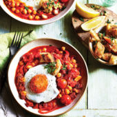 Spanish chickpea and chorizo stew with fried eggs