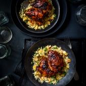 Sticky harissa and marmalade-baked chicken