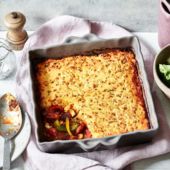 Pepper and chorizo pie with a cornbread crust