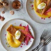 Pistachio polenta cake with poached rhubarb and lemon curd