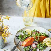 Salmon with broad bean and seaweed salad