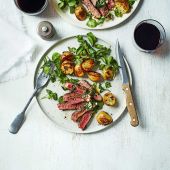 Steak with anchovy butter and mustard roast potatoes 