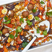 Falafel, carrot and halloumi traybake