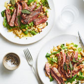 Steak with braised beans and greens