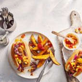 Vegan hot dogs with corn relish