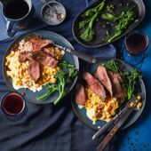 Balsamic steak with cheesy creamed corn