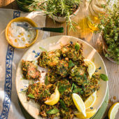 Courgette and feta fritters, preserved lemon, dill and mint 
