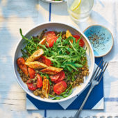 Summer sausage, lentil and roast tomato salad 