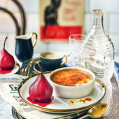 Gingerbread crème brûlée and mulled wine pears