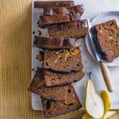 Sticky pear gingerbread loaf cake