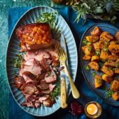 Tamarind-and-ginger jam-glazed ham with nutmeg and sweet potatoes