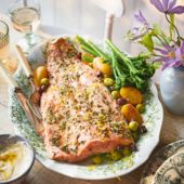 Roast salmon and potatoes with preserved lemon aioli