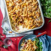 Sausage, salami and chestnut pasta bake