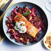 Pan-fried trout with beetroot lentils