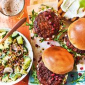Sticky pomegranate beef burgers with tahini-cucumber salad