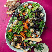 Roasted grape and lentil salad with seeded goat's cheese