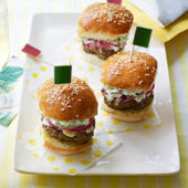 Beef sliders with cheddar, red onion pickle and crème fraîche