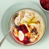 Fig, pear, banana and berry Bircher muesli