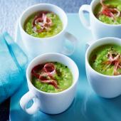 Pea and celeriac soup shots with shredded jamón
