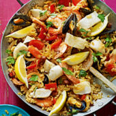 Seafood and chorizo paella 