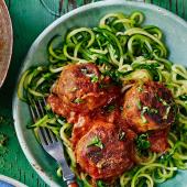 Veggie balls with ‘courgetti’ and tomato and basil sauce 